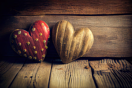 Valentine's day background with two hearts on old wooden boardの素材