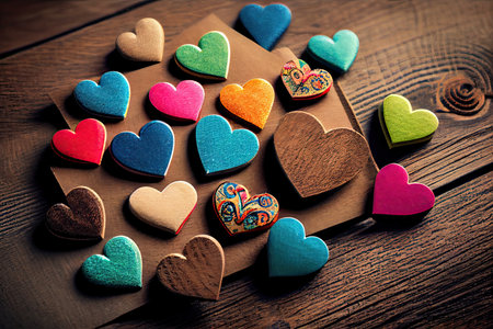 Hearts on a wooden background. Valentines day background. Toned.の素材