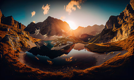 Mountain landscape with lake and sun at sunrise. Alps, Switzerlandの素材