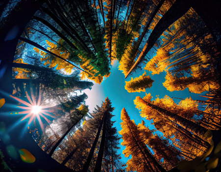 Fantastic view of tall trees in the forest at sunset.の素材