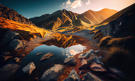 Mountain lake at sunset. Beautiful natural landscape. Artistic style.の素材