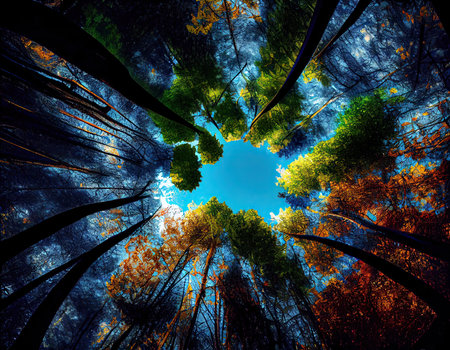 Trees in the forest with blue sky background, 3d illustrationの素材