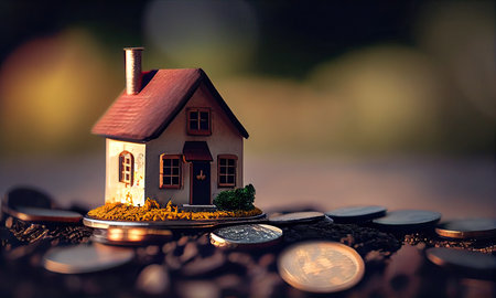Miniature house with coins on a dark background. Real estate concept.の素材