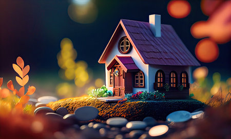 Miniature house on the green grass. 3d render illustration.の素材