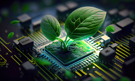Green sprout growing from microchip on circuit board. 3D renderingの素材