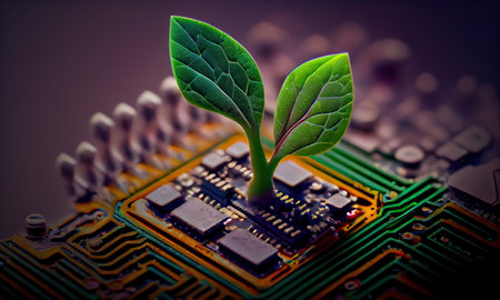 Green sprout growing on electronic circuit board. Ecology and environment concept.の素材