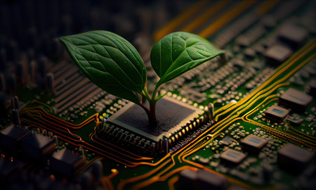 Green plant growing out of a computer chip on a microcircuitの素材