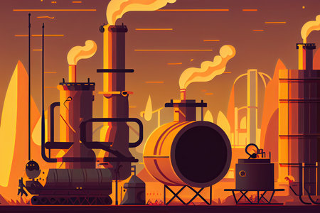 Vector illustration of industrial plant with pipes and chimneys on the background of sunset.の素材