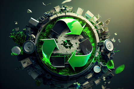 Recycling symbol on the planet earth. 3d illustration.の素材