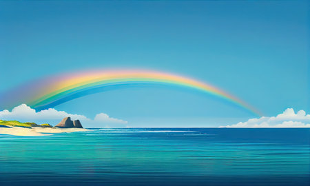 rainbow over the ocean and a mountain on a background of blue skyの素材