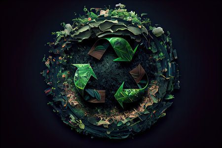 Ecology concept. Green recycle symbol made of leaves. 3D renderingの素材