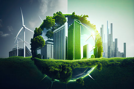 Ecology concept with wind turbines and cityscape. 3D renderingの素材