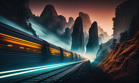 High speed train in the foggy mountains. 3D Renderingの素材