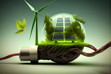 Green energy concept with solar panel and wind turbines. 3d illustrationの素材