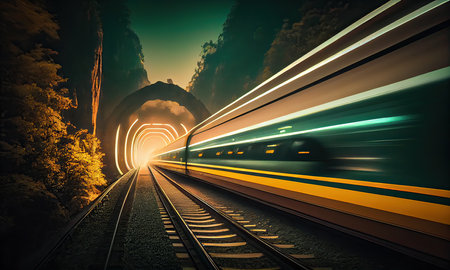 Train passing under a tunnel in the mountains. 3D Renderingの素材