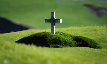 Cross on green grass. 3D render. Conceptual image.の素材