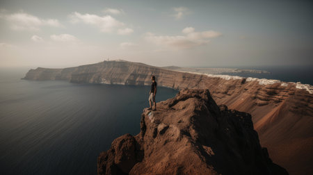 Woman standing on the edge of a cliff and looking at the seaの素材