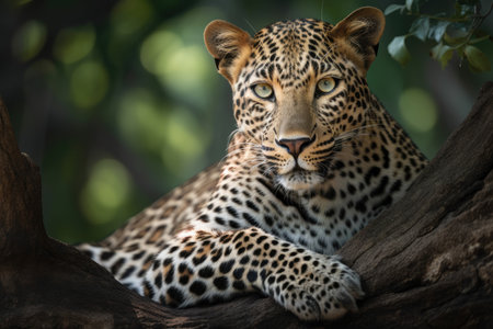 Leopard lying on a tree in the forest, closeup portraitの素材