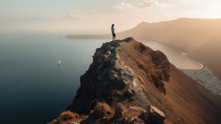 Woman standing on top of a mountain and looking at the sea.の素材