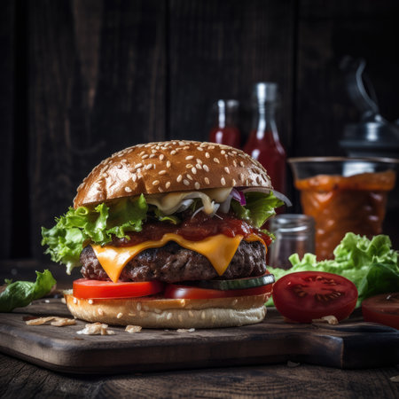 Cheese burger - American cheese burger with fresh salad on wooden backgroundの素材