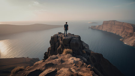 Man standing on top of a mountain looking at the sea. Sunsetの素材
