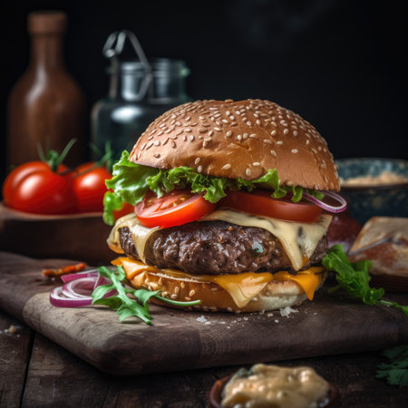Homemade hamburger with fresh vegetables and cheese on dark wooden backgroundの素材