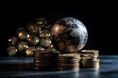 Globe and coins on dark background. Global business and finance concept.の素材