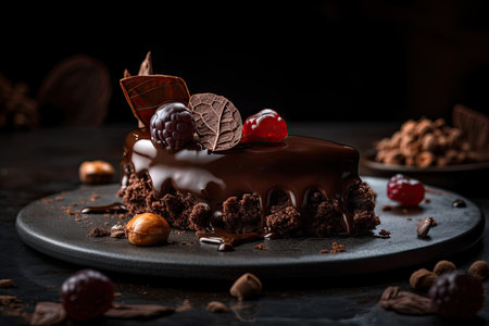 Chocolate cake with berries and nuts on a dark background. Selective focus.の素材