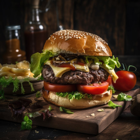 Cheese burger - American cheese burger with fresh salad on wooden backgroundの素材