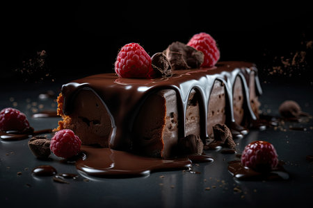 Chocolate cake with raspberries and chocolate on a black backgroundの素材