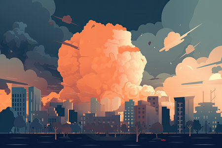 Flat vector illustration of a nuclear explosion in the city at nightの素材