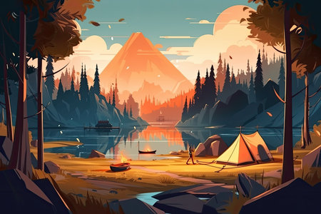 Camping on the shore of a mountain lake. Vector illustration.の素材