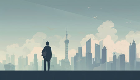 Businessman looking at the skyline of the city. Vector illustration.の素材