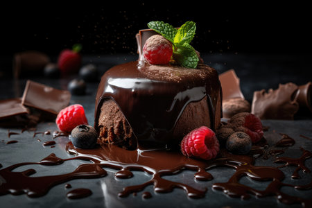 Chocolate cake with raspberries and mint on a black backgroundの素材
