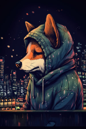 Illustration of a fox in a hooded jacket on the background of the night cityの素材