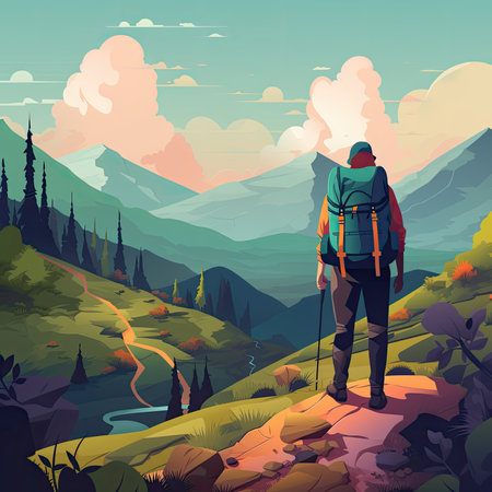 Hiking in the mountains. Vector illustration in flat cartoon style.の素材