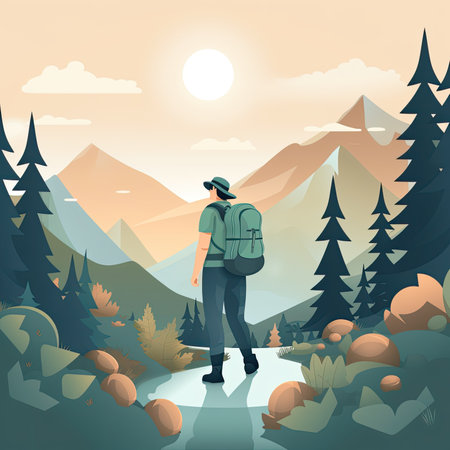 Hiker with backpack in the mountains. Vector illustration in flat styleの素材