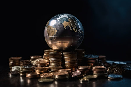 Globe and coins on dark background, business and finance concept.の素材