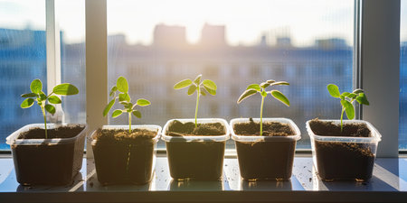 Small seedlings of tomato or cucumber in plastic pots on windowsill.の素材