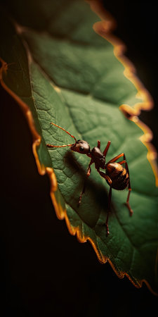 Ant on a green leaf in the forest. Shallow depth of field.の素材