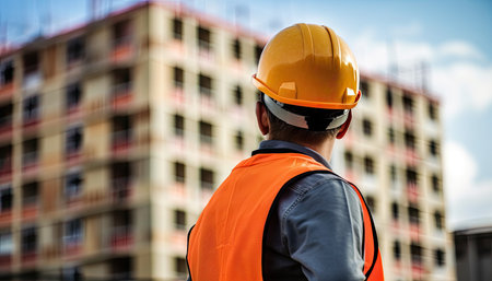 Rear view of male engineer wearing safety helmet standing on construction siteの素材