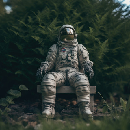 Astronaut sitting on a bench in the forest and looking at the cameraの素材