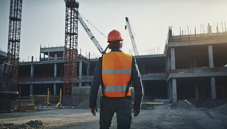 Back view of African American male engineer in safety helmet and reflective vest looking away while standing on construction siteの素材
