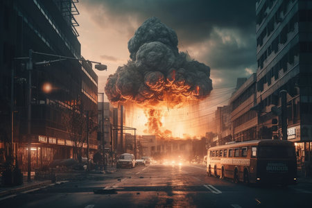 Burning school bus in the city at night. Conceptual imageの素材