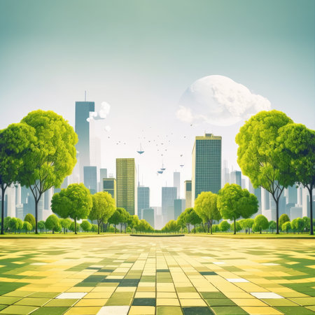 Cityscape with skyscrapers and green trees, toned imageの素材