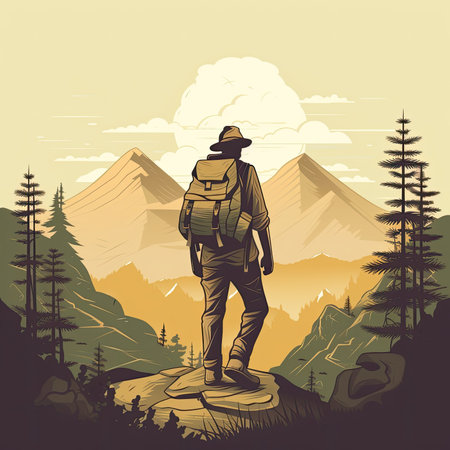 Hiker in the mountains. Vector illustration of a man with a backpack.の素材