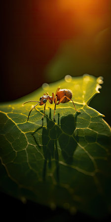 Ant on the green leaf in the morning light. Shallow depth of field.の素材