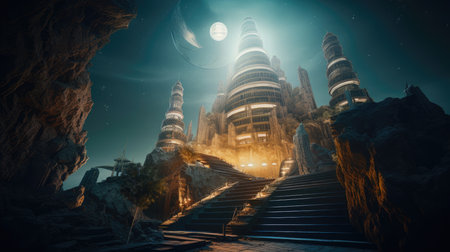 Spaceship in the sky. Fantasy landscape. 3D renderingの素材
