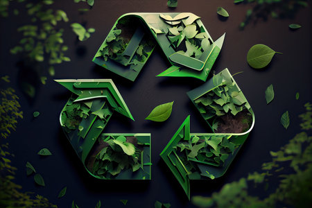 Recycling symbol made of green leaves. 3D rendering.の素材