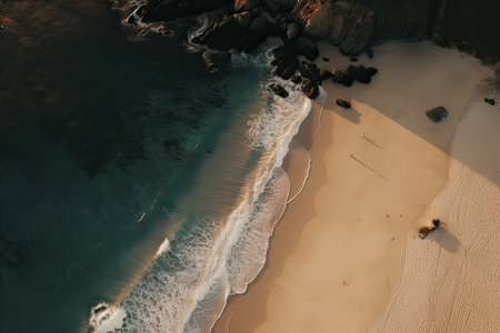 Aerial view of the sea and sand beach at sunset. Drone photography.の素材